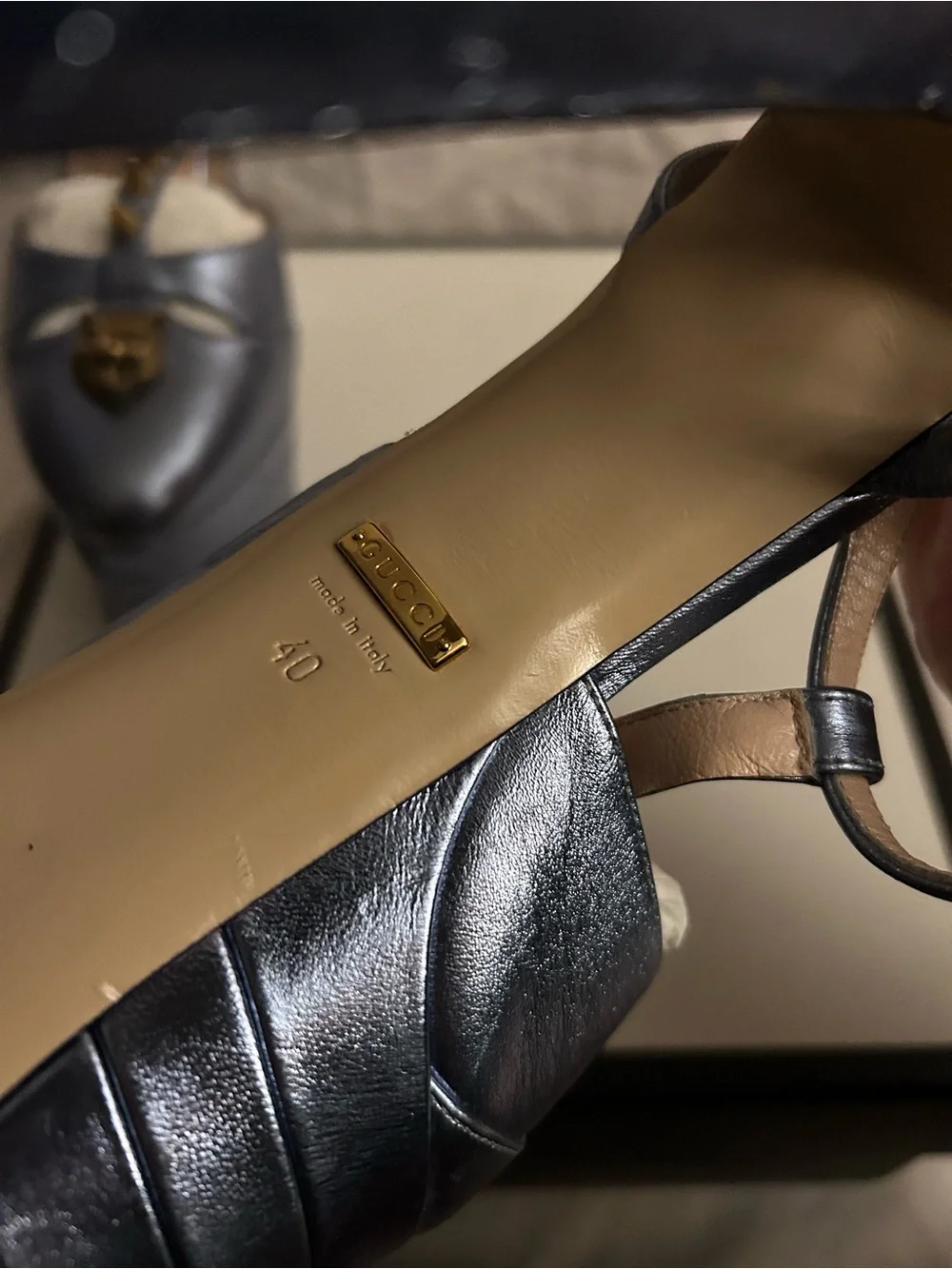 Gucci Silver Leather Platform T-Strap High Heel